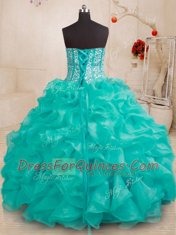 Suitable Sweetheart Sleeveless Lace Up Quinceanera Dresses Turquoise Organza