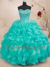 Suitable Sweetheart Sleeveless Lace Up Quinceanera Dresses Turquoise Organza