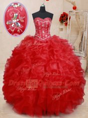 Popular Sweetheart Sleeveless Lace Up Sweet 16 Dress Red Organza