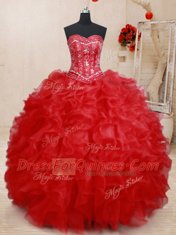 Popular Sweetheart Sleeveless Lace Up Sweet 16 Dress Red Organza