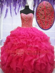 Floor Length Lace Up 15th Birthday Dress Hot Pink for Military Ball and Sweet 16 and Quinceanera with Beading and Ruffles