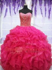 Floor Length Lace Up 15th Birthday Dress Hot Pink for Military Ball and Sweet 16 and Quinceanera with Beading and Ruffles