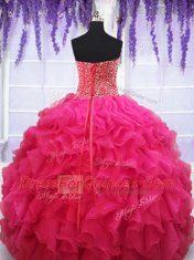 Floor Length Lace Up 15th Birthday Dress Hot Pink for Military Ball and Sweet 16 and Quinceanera with Beading and Ruffles