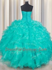 Colorful Turquoise Sleeveless Organza Lace Up Quince Ball Gowns for Military Ball and Sweet 16 and Quinceanera