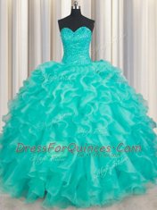 Colorful Turquoise Sleeveless Organza Lace Up Quince Ball Gowns for Military Ball and Sweet 16 and Quinceanera
