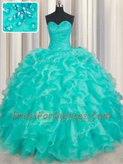 Colorful Turquoise Sleeveless Organza Lace Up Quince Ball Gowns for Military Ball and Sweet 16 and Quinceanera