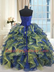 Sleeveless Organza Floor Length Lace Up 15 Quinceanera Dress in Multi-color with Beading and Ruffles