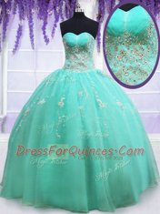 Fancy Apple Green Ball Gowns Organza Sweetheart Sleeveless Beading and Appliques Floor Length Zipper 15th Birthday Dress