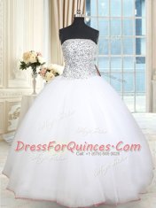 High End Sequins White Sleeveless Tulle Lace Up Sweet 16 Dress for Military Ball and Sweet 16 and Quinceanera