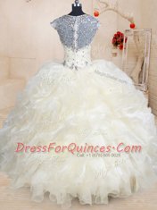 Straps Champagne Cap Sleeves Floor Length Beading and Ruffles Zipper Quinceanera Gown