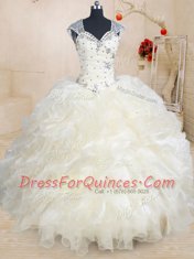 Straps Champagne Cap Sleeves Floor Length Beading and Ruffles Zipper Quinceanera Gown