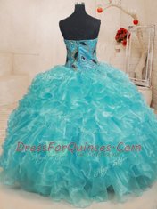 Custom Designed Organza Sleeveless Floor Length Quinceanera Dresses and Beading and Embroidery and Ruffles