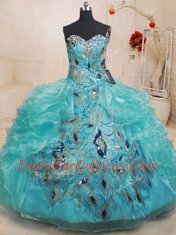 Custom Designed Organza Sleeveless Floor Length Quinceanera Dresses and Beading and Embroidery and Ruffles