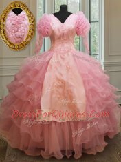 Chic Floor Length Baby Pink Quince Ball Gowns Organza Half Sleeves Beading and Embroidery and Ruffled Layers