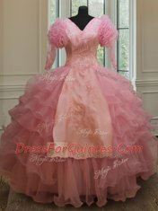 Chic Floor Length Baby Pink Quince Ball Gowns Organza Half Sleeves Beading and Embroidery and Ruffled Layers