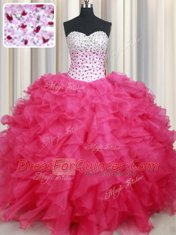 Sleeveless Organza Floor Length Lace Up Quinceanera Gowns in Hot Pink with Beading and Ruffles