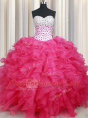 Sleeveless Organza Floor Length Lace Up Quinceanera Gowns in Hot Pink with Beading and Ruffles