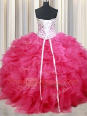 Sleeveless Organza Floor Length Lace Up Quinceanera Gowns in Hot Pink with Beading and Ruffles