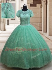 Custom Fit Scoop Short Sleeves Zipper Floor Length Lace Quinceanera Gown