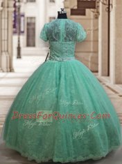 Custom Fit Scoop Short Sleeves Zipper Floor Length Lace Quinceanera Gown