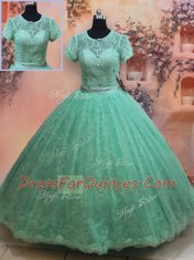 Custom Fit Scoop Short Sleeves Zipper Floor Length Lace Quinceanera Gown