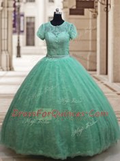 Custom Fit Scoop Short Sleeves Zipper Floor Length Lace Quinceanera Gown