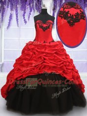 Sophisticated Sweetheart Sleeveless Quinceanera Dresses With Brush Train Appliques and Pick Ups Red And Black Organza and Taffeta
