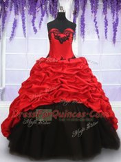 Sophisticated Sweetheart Sleeveless Quinceanera Dresses With Brush Train Appliques and Pick Ups Red And Black Organza and Taffeta