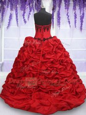 Sophisticated Sweetheart Sleeveless Quinceanera Dresses With Brush Train Appliques and Pick Ups Red And Black Organza and Taffeta