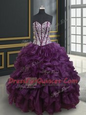 Simple Dark Purple Organza Lace Up Sweetheart Sleeveless Floor Length Quinceanera Gowns Beading and Ruffles