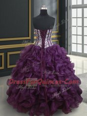 Simple Dark Purple Organza Lace Up Sweetheart Sleeveless Floor Length Quinceanera Gowns Beading and Ruffles