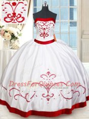 Floor Length White and Red Sweet 16 Quinceanera Dress Strapless Sleeveless Lace Up
