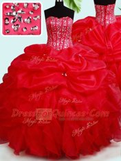 Pick Ups Floor Length Red Ball Gown Prom Dress Sweetheart Sleeveless Lace Up