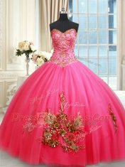 Elegant Ball Gowns Sweet 16 Quinceanera Dress Hot Pink Sweetheart Tulle Sleeveless Floor Length Lace Up