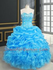 Pick Ups Baby Blue Sleeveless Organza Lace Up Quinceanera Dresses for Military Ball and Sweet 16 and Quinceanera