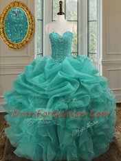 Adorable Sweetheart Sleeveless Vestidos de Quinceanera Floor Length Beading and Ruffles and Pick Ups Turquoise Organza