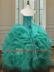 Adorable Sweetheart Sleeveless Vestidos de Quinceanera Floor Length Beading and Ruffles and Pick Ups Turquoise Organza