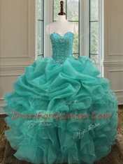 Adorable Sweetheart Sleeveless Vestidos de Quinceanera Floor Length Beading and Ruffles and Pick Ups Turquoise Organza