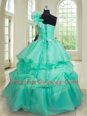 One Shoulder Turquoise Sleeveless Floor Length Beading and Hand Made Flower Lace Up Sweet 16 Quinceanera Dress