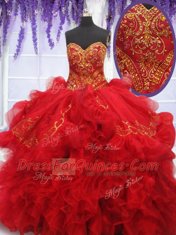 Wonderful Red Lace Up 15 Quinceanera Dress Beading and Embroidery and Ruffles Sleeveless With Brush Train