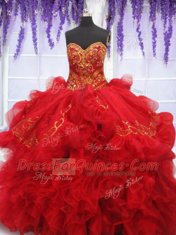 Wonderful Red Lace Up 15 Quinceanera Dress Beading and Embroidery and Ruffles Sleeveless With Brush Train