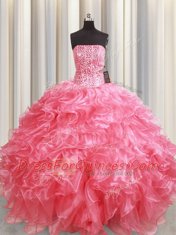 Pink Sleeveless Floor Length Beading and Ruffles Lace Up Sweet 16 Quinceanera Dress
