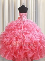 Pink Sleeveless Floor Length Beading and Ruffles Lace Up Sweet 16 Quinceanera Dress