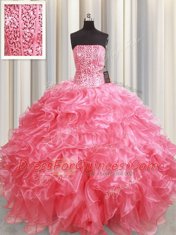 Pink Sleeveless Floor Length Beading and Ruffles Lace Up Sweet 16 Quinceanera Dress