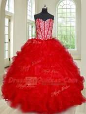 Red Lace Up Sweetheart Beading and Ruffles 15th Birthday Dress Organza Sleeveless