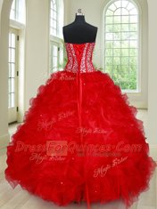 Red Lace Up Sweetheart Beading and Ruffles 15th Birthday Dress Organza Sleeveless
