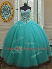 Customized Tulle Sweetheart Sleeveless Lace Up Beading 15 Quinceanera Dress in Turquoise