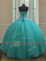 Customized Tulle Sweetheart Sleeveless Lace Up Beading 15 Quinceanera Dress in Turquoise