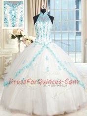 Ball Gowns 15 Quinceanera Dress White Halter Top Tulle Sleeveless Floor Length Lace Up