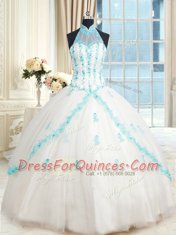 Ball Gowns 15 Quinceanera Dress White Halter Top Tulle Sleeveless Floor Length Lace Up